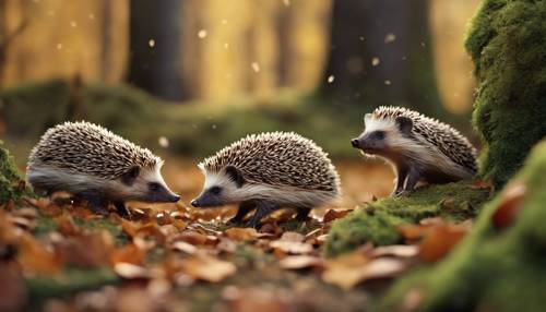 Urocza scena przedstawiająca uroczą rodzinę jeży przechadzającą się po omszałej podłodze jesiennego lasu.