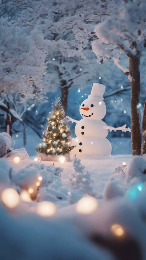 An anime style winter wonderland, filled with snowmen, ice sculptures, and a large Christmas tree.