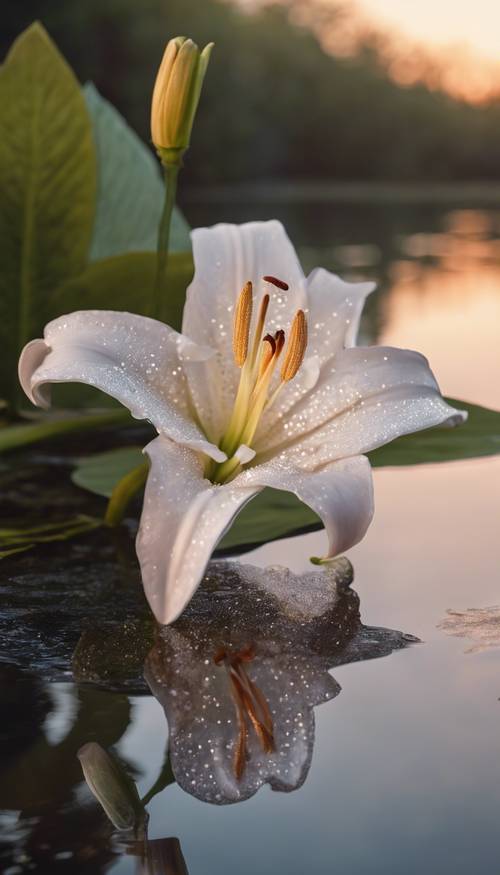 Bunga bakung tunggal ditutupi dengan kilauan berlian di tepi kolam yang damai saat fajar.