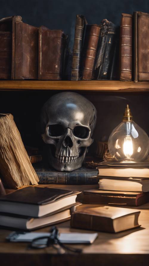 Una scrivania da studio con un fermacarte a forma di teschio grigio, circondata da libri sparsi e una lampada poco illuminata.