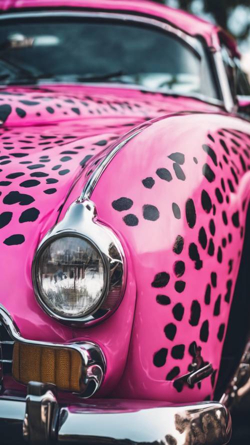 Una classica auto d&#39;epoca rinnovata con esterni con stampa ghepardo rosa acceso.