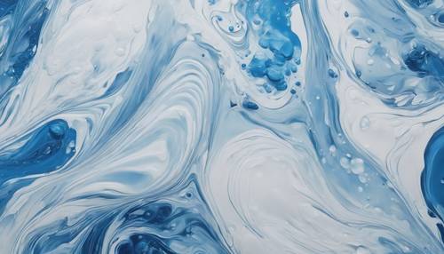 Blue and white oil paints blend seamlessly on canvas creating a fluid abstract of water and ice.