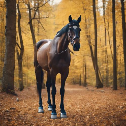Высокая лошадь в опрятной одежде, в кепке и очках посреди осеннего леса.