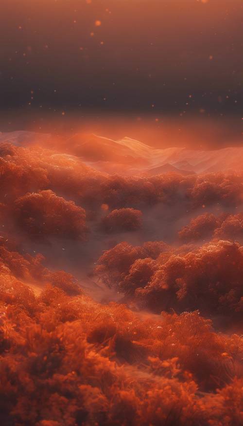 オレンジ色のオーラに包まれた幻想的な風景のデジタルアート