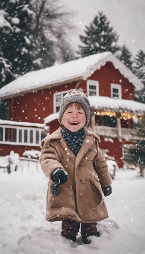 A vintage Christmas postcard scene of children making a snow angel, their cheeks flushed red from the cold, their laughter echoing through the crisp winter air, with a quaint cottage and powdery evergreens in the background.