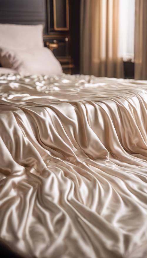 Kraliçe boy yatağın üzerine yayılmış lüks krem ​​rengi ipek yatak örtüsü.