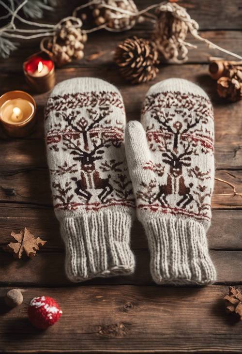 A warm and woolly pair of hand-knit mittens, featuring a traditional Nordic reindeer pattern, laid on a rustic wooden table.