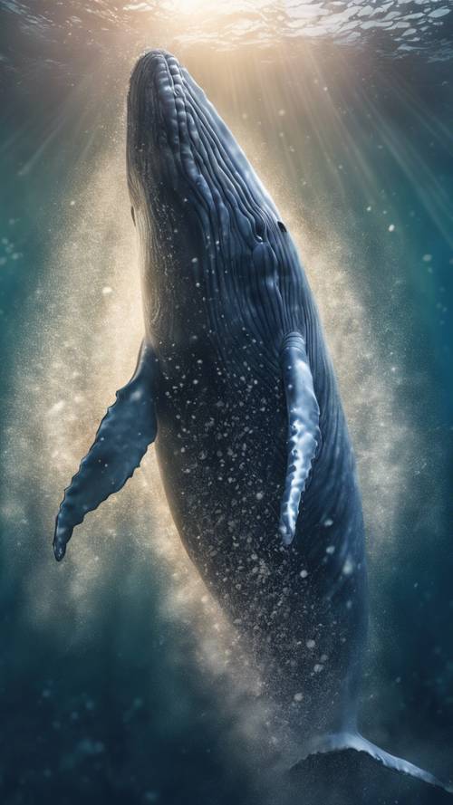 A digital portrait of a majestic sperm whale deep below the ocean waves.
