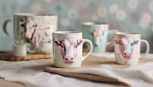 手工制作的陶瓷杯，具有迷人的粉彩牛印花设计。