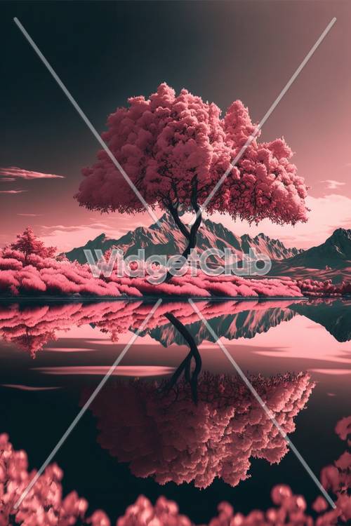 桜の木と静かな水面のピンクの壁紙