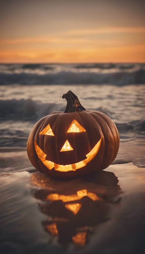 Um par de abóboras na praia, seu brilho suave refletindo nas ondas do oceano durante uma calma noite de Halloween.