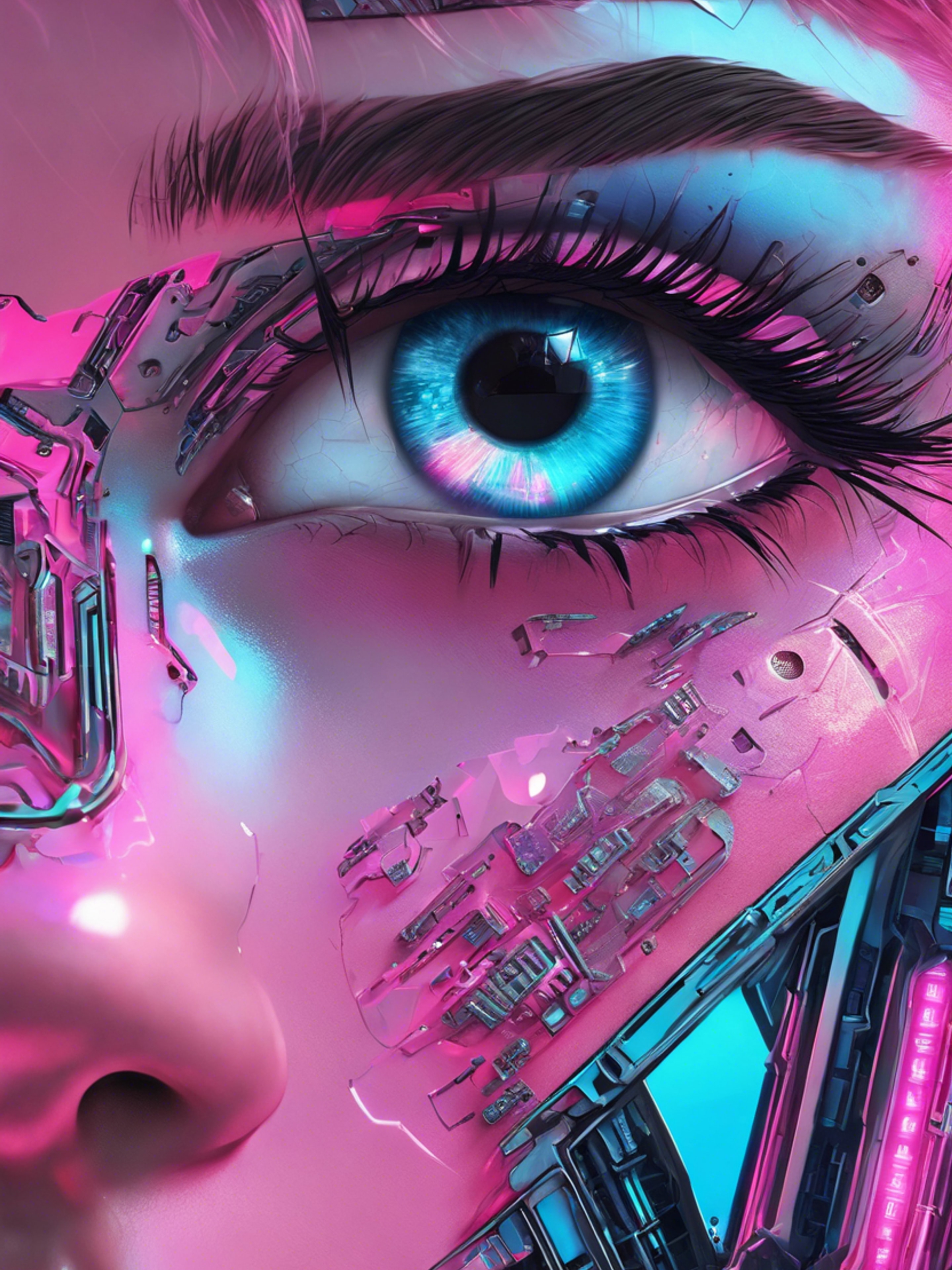 A close-up of a cyberpunk girl's eye, reflecting pink and blue city lights. Tapeta[805009a14d1a4c10afac]