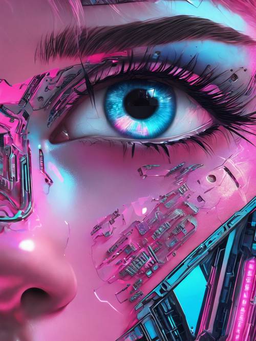 Zbliżenie oka cyberpunkowej dziewczyny, odbijające różowe i niebieskie światła miasta.