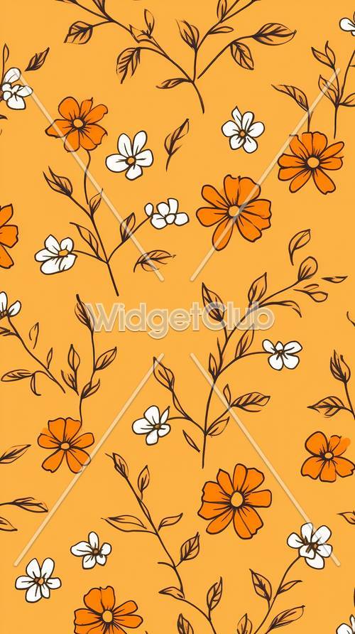 明るいオレンジ色の花柄の壁紙