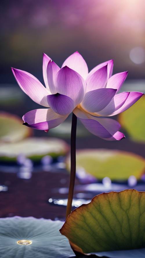 Uma flor de lótus cristalina envolvida por uma aura púrpura mística.