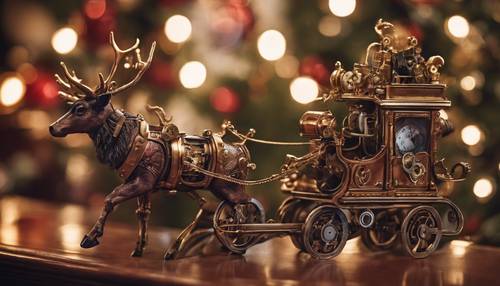 Una scena natalizia in stile steampunk con intricati ornamenti meccanici, renne meccaniche e la slitta di Babbo Natale alimentata a vapore.