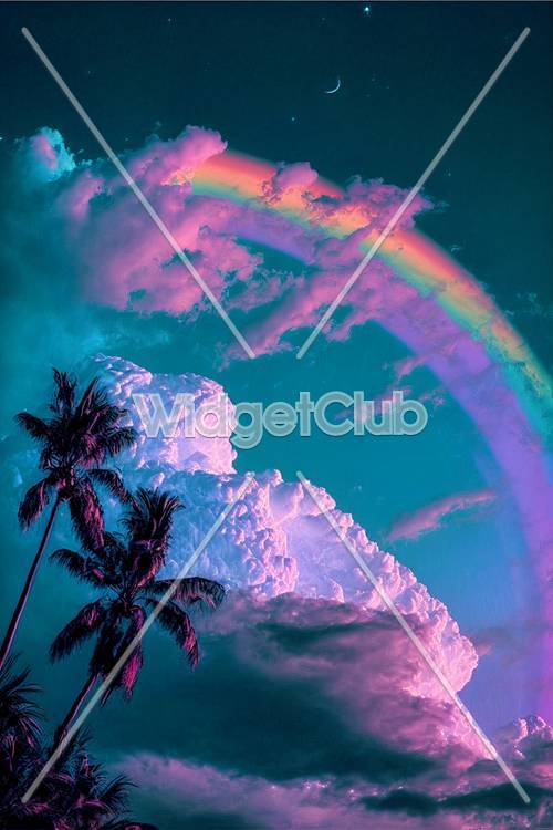 充满活力的彩虹和棕榈树天空