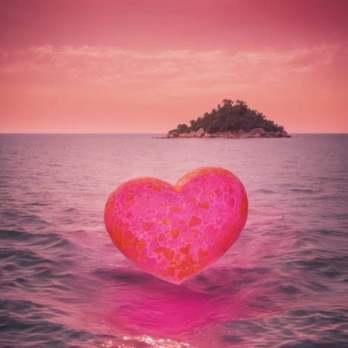 Вид на большой розовый остров в форме сердца, окруженный блестящими оранжевыми водами океана.