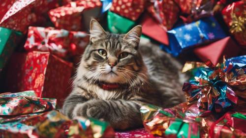 قطة مسترخية بشكل مريح ومحاطة بمجموعة من ورق تغليف عيد الميلاد الملون والمهمل.
