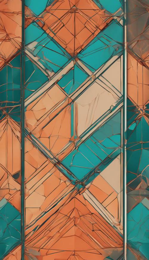 An intricate geometric pattern darting across a canvas with hues of teal and sunset orange.