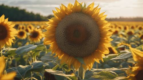 A vision of the golden ratio as a radiating sunflower in a sprawling field at dawn.