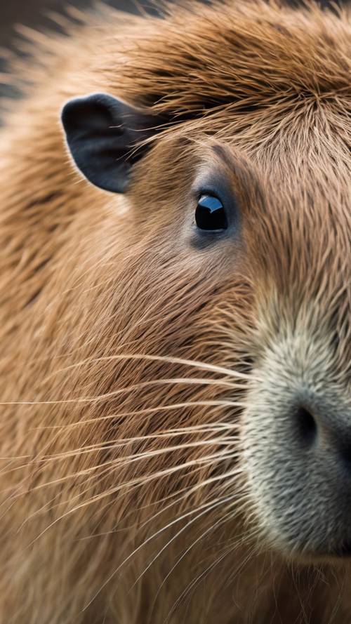 Gambar close-up yang menonjolkan bulu kapibara yang tebal dan lebat.