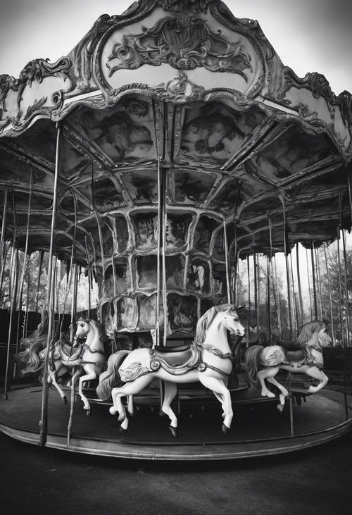 An antique carousel in an abandoned amusement park, captured in a haunting black and white photo.