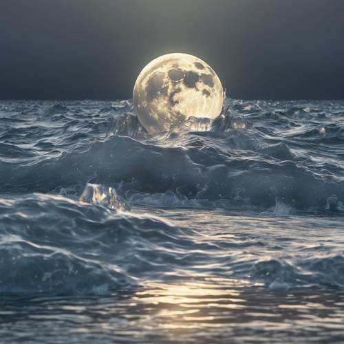A silvery Moon's gravitational crown commanding a high tide in the endless ocean.