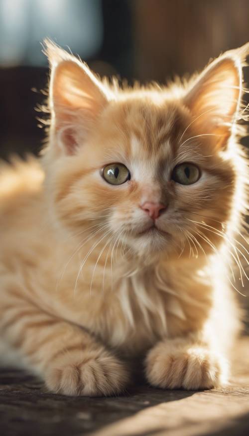 Một chú mèo con màu vàng lông mềm mại trong tia nắng.