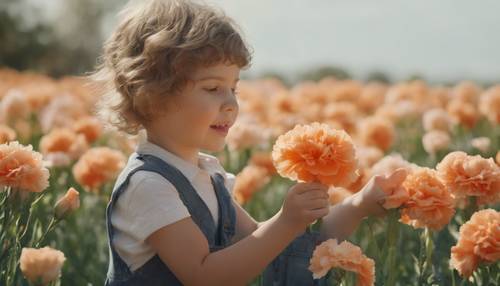 A child excitedly picking up a fresh orange carnation from a sea of flowers on a bright spring day.