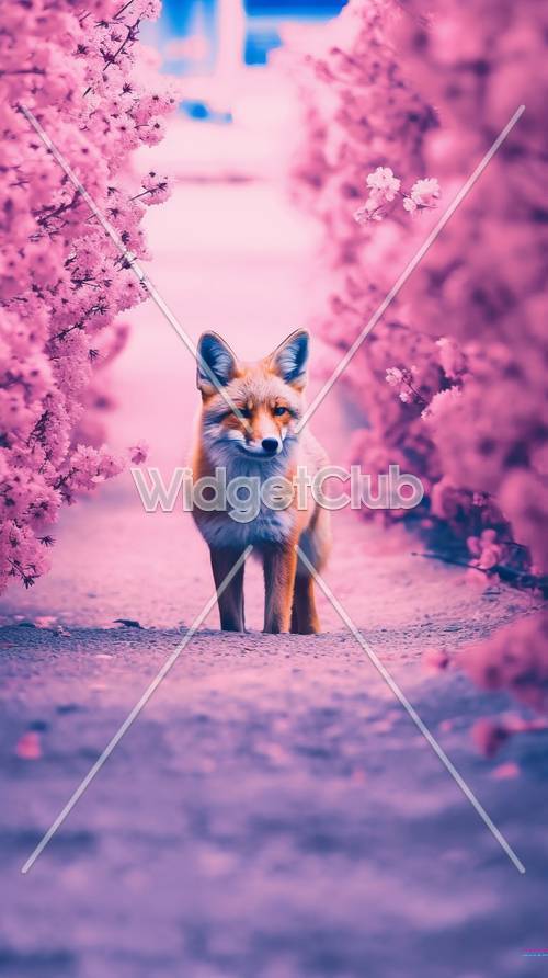 Cherry Blossom Fox in Pink Forest