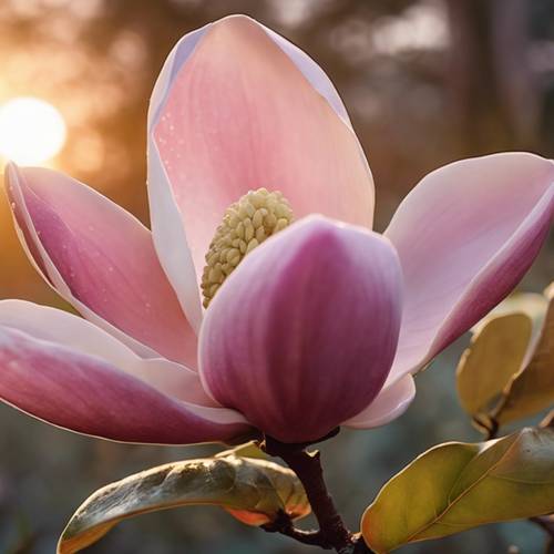 Bunga magnolia yang kaya warna, dipenuhi embun di bawah cahaya lembut matahari terbit.
