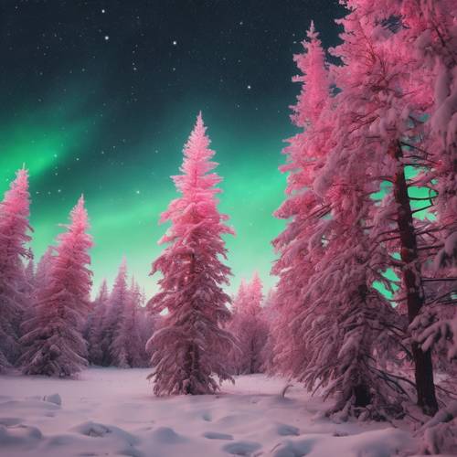 A snowy pine forest with a radiant pink aurora borealis dancing in the sky. Дэлгэцийн зураг [08343106c02d4a9389d8]