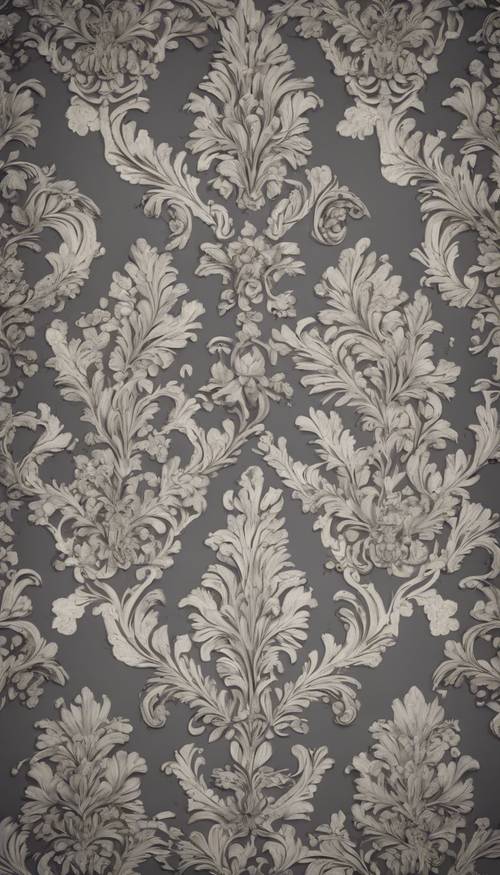 Un intrincado patrón real de damasco gris sobre un papel tapiz vintage.