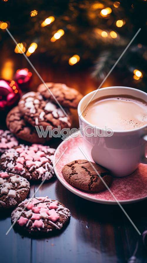Przytulne gorące kakao i ciasteczka świąteczne tło