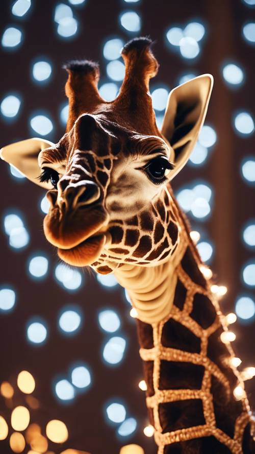 A giraffe in a seasonal Christmas setting with lights tangled in its antlers.