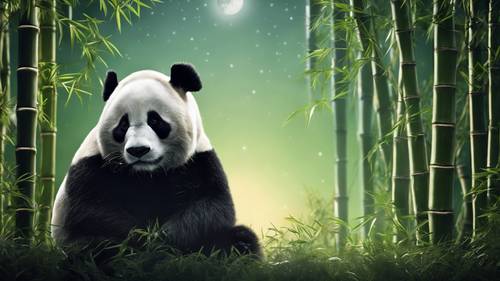 一只熊猫独自坐着，在一片竹林中，映衬着明亮的月光。