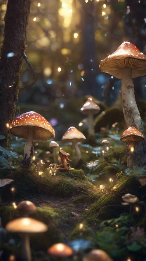 반짝이는 빛, 무지개 빛깔의 버섯, 달빛을 쬐고 있는 신화 속 생물들로 가득한 평화로운 요정 숲의 마법 같은 장면입니다.
