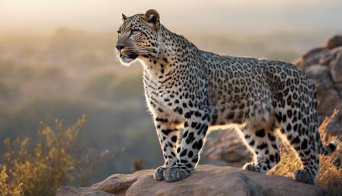 A majestic aged gray leopard proudly standing on a rocky terrain gazing over its territory under the early morning sun.