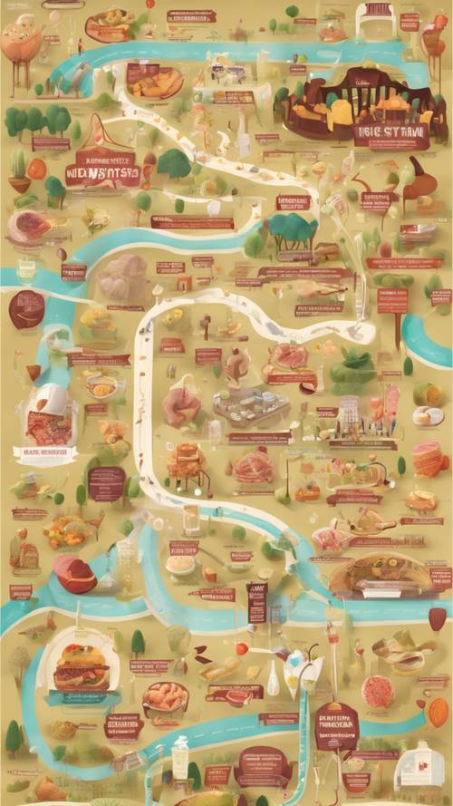 Bản đồ hệ tiêu hóa được minh họa giống như một công viên giải trí, thể hiện hành trình của thức ăn.