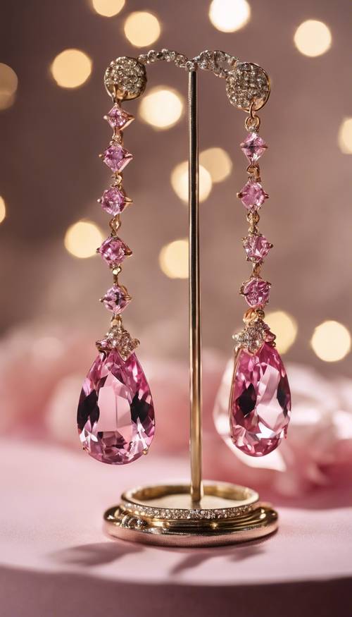 Anting kristal merah muda tergantung di tempat perhiasan yang elegan