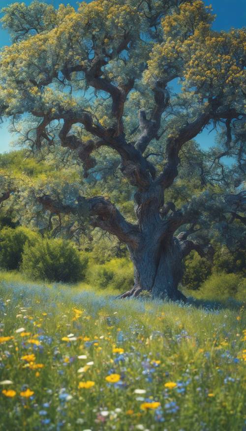 Parlak yaz güneşi altında çeşitli renklerde kır çiçekleri ile çevrili, çimenli bir çayırda büyüyen mavi bir meşe ağacı.