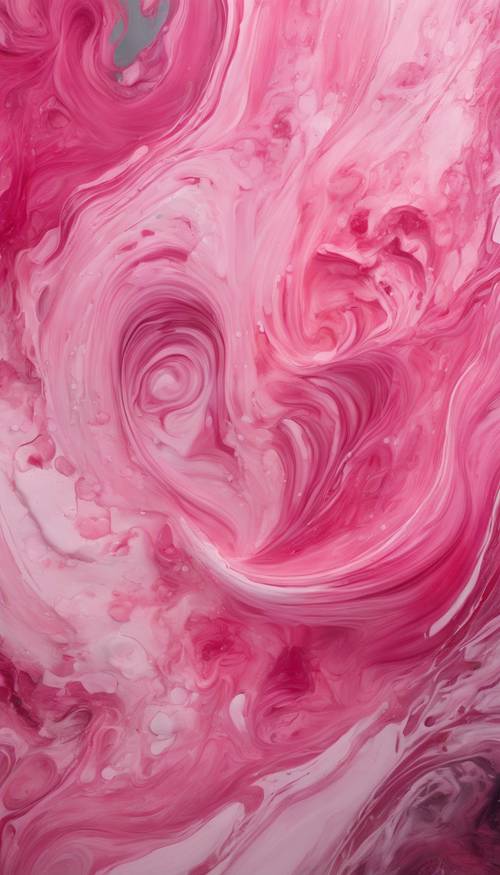 Lukisan akrilik abstrak dengan pusaran dan percikan warna merah jambu yang berbeda.