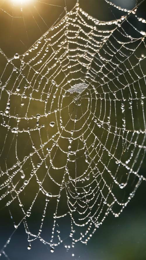 Uma teia de aranha coberta de gotas de orvalho brilhando ao sol da manhã.