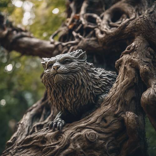 דיוקן מפורט בצורה חיה של יצור קסום המונח על עץ עתיק ומחוספס ביער קסום.