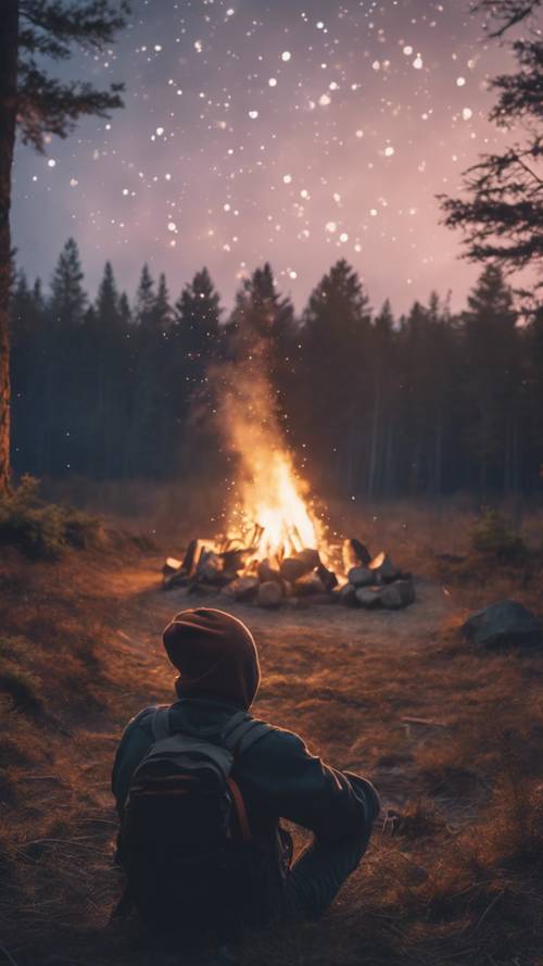 一名男子在宁静的森林中，在星空下露营，坐着感受着篝火的温暖。