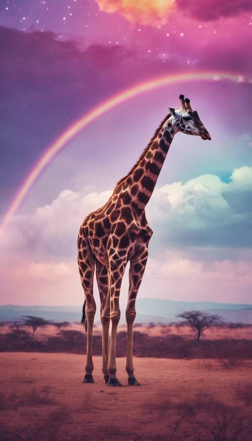 Una jirafa con los colores del arcoíris paseando tranquilamente en un fantástico paisaje surrealista bajo un cielo violáceo de ensueño.