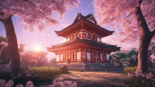 Ein atemberaubender Sonnenaufgang im Anime-Stil über einem alten Tempel, voller dichter Kirschbäume in voller Blüte.