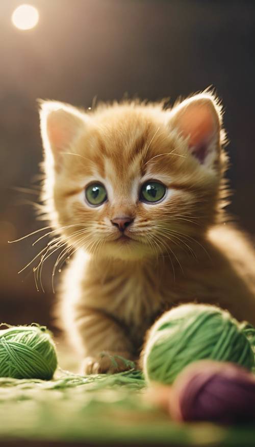 قطة ذهبية صغيرة ذات عيون خضراء، تضرب كرة من الغزل بشكل مرح.