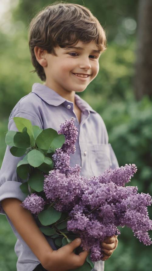 A young boy holding a purple fresh picked lilac, smiling.